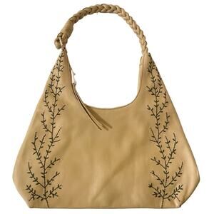 Coldwater Creek Wandering Thyme Leather Hobo Bag Tan Embroidery Braided Strap